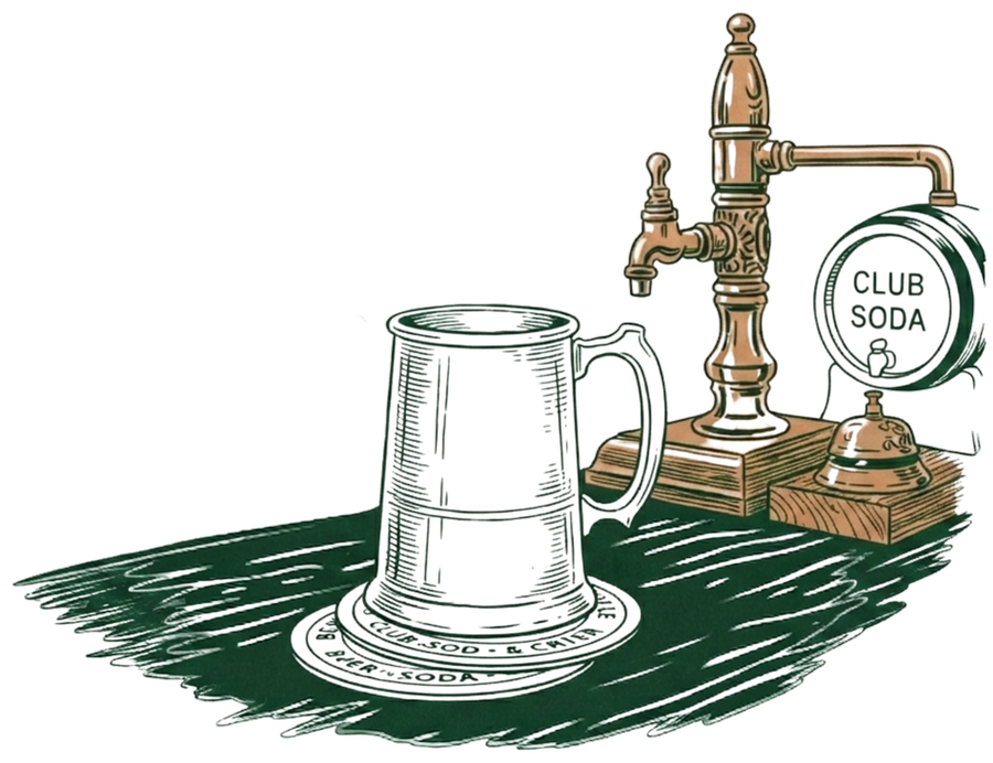 A pewter tankard on the bar beside a tap and club soda keg