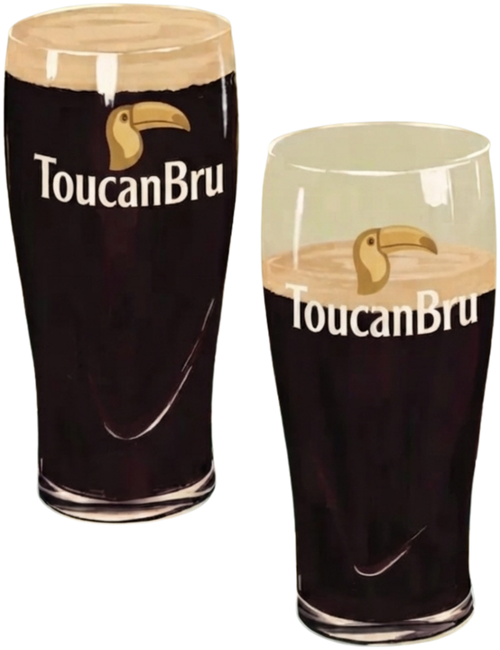 Two ToucanBru pints of stout, one full and one half drunk